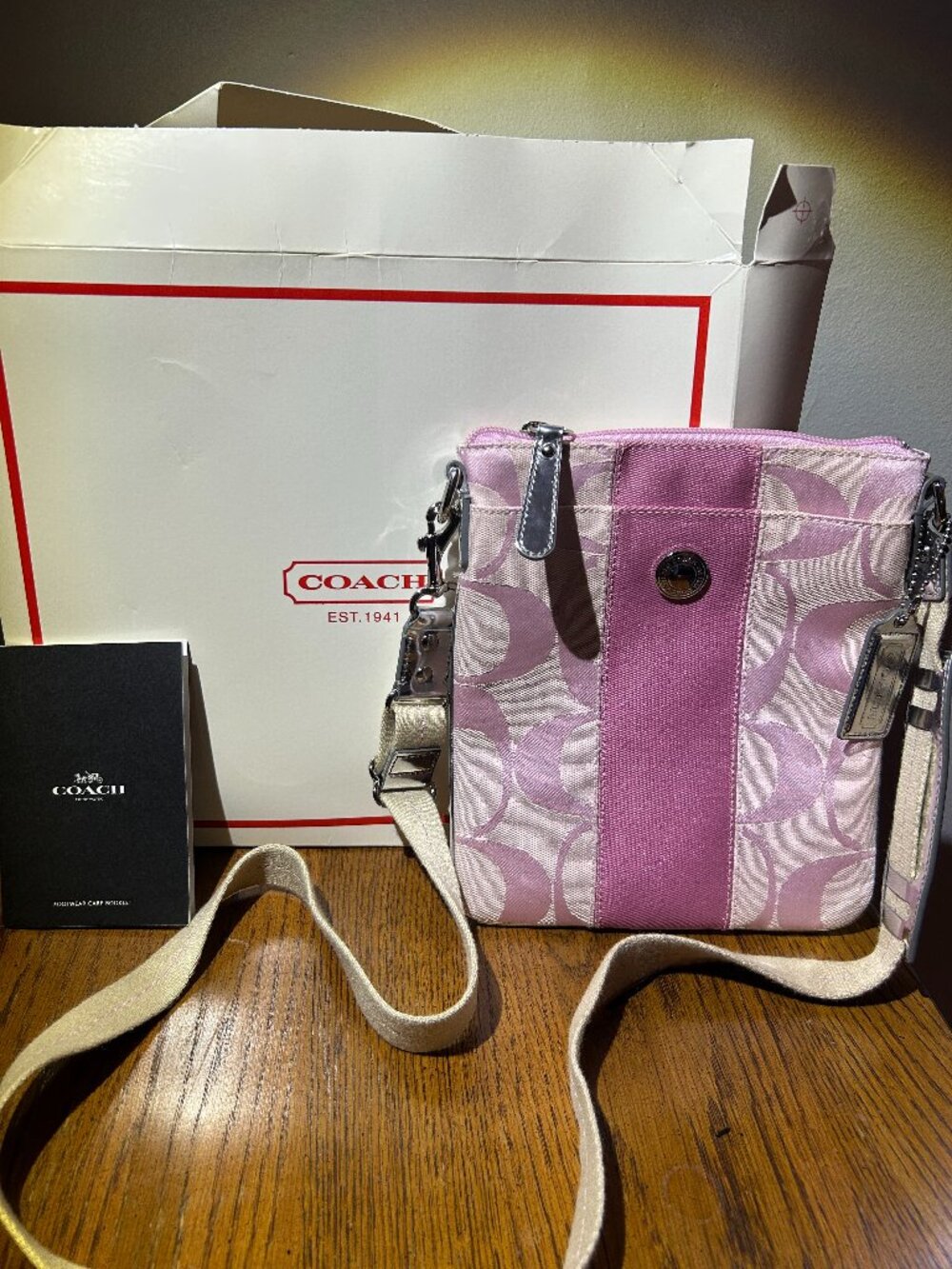 Vintage light pink and silver metallic Coach crossbody purse